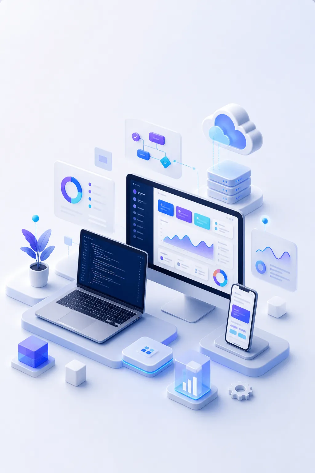 An isometric illustration of the SoftLadders development workspace: a desk of screens showing dashboards, code, and mobile interfaces